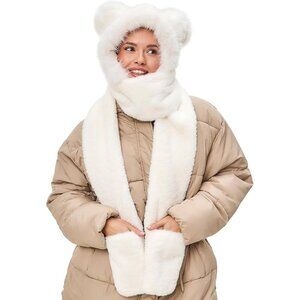 Kids White Faux fur Cute Cat Ears Winter Hat, 3 in 1 Plush Animal Hat Imported